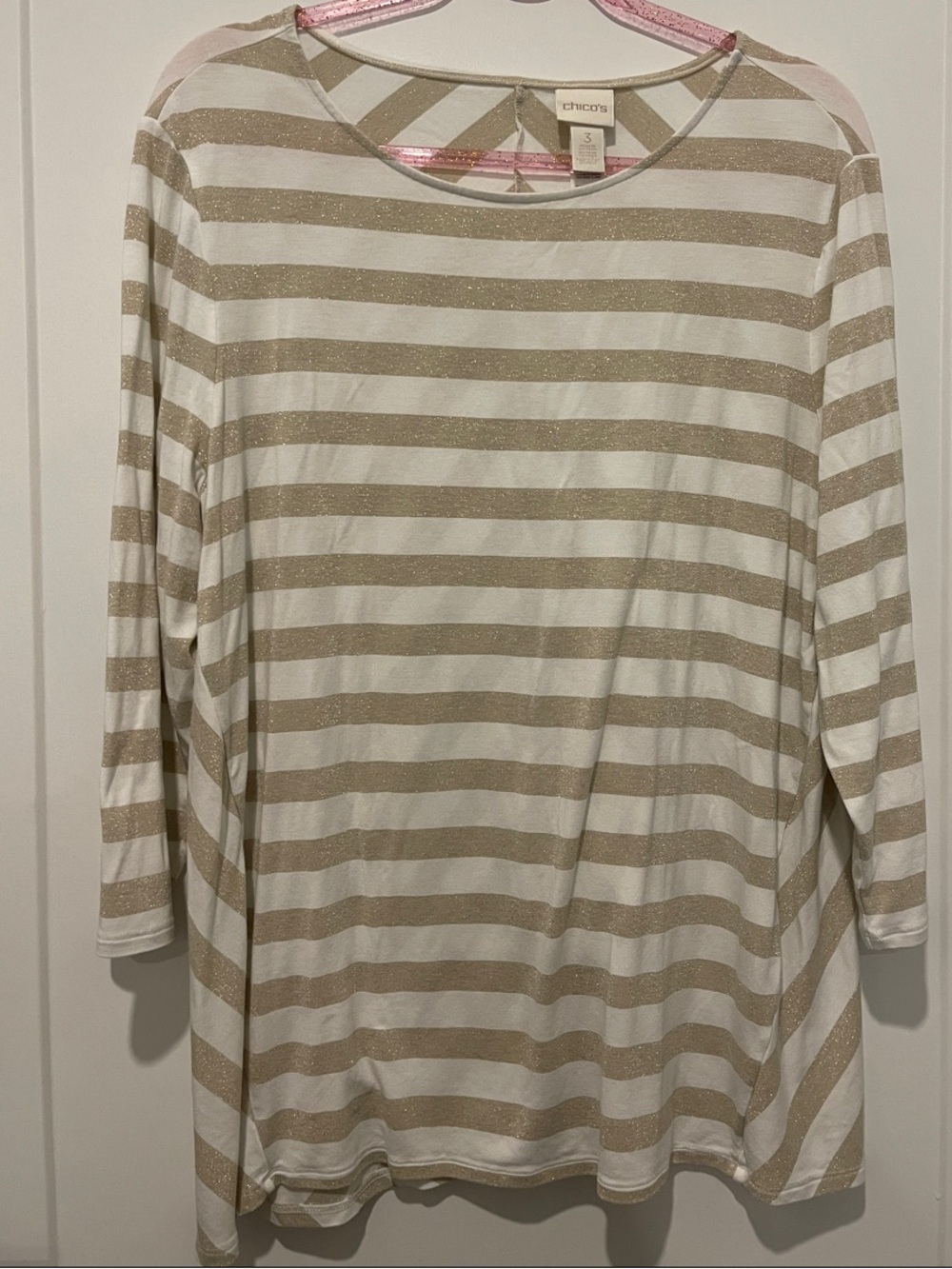 Chico's Gold and White Striped Long Sleeve Scoop Neck Top